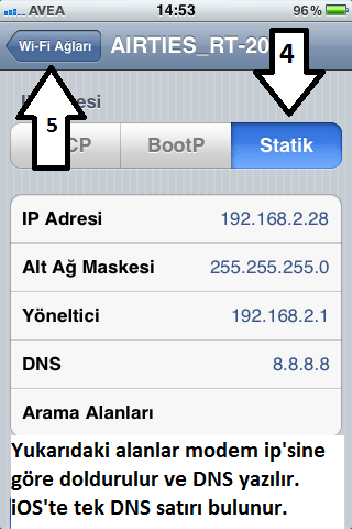 iPhone iP ve DNS Tanımlama işlem adımları