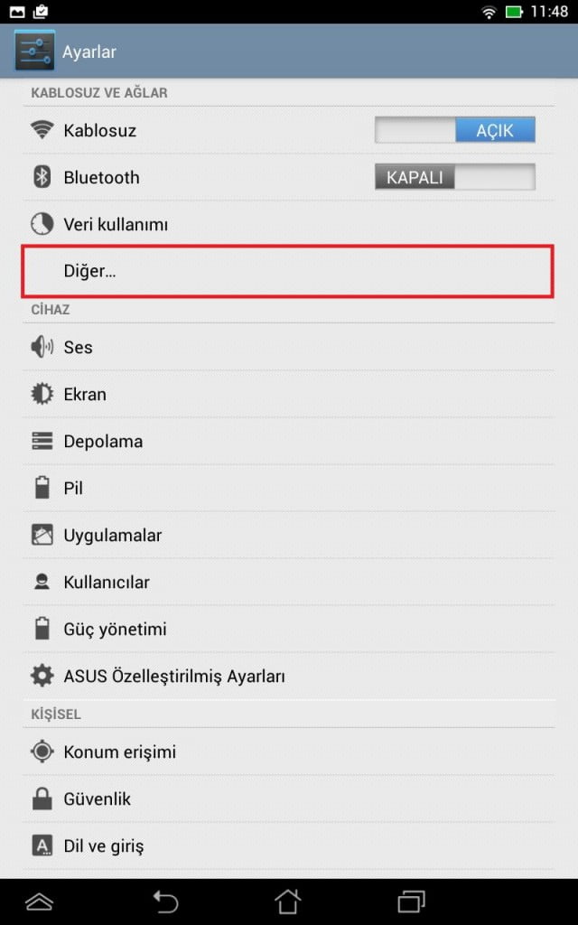 Andorid tableti bilgisayarın ile usb kablo üzerinden