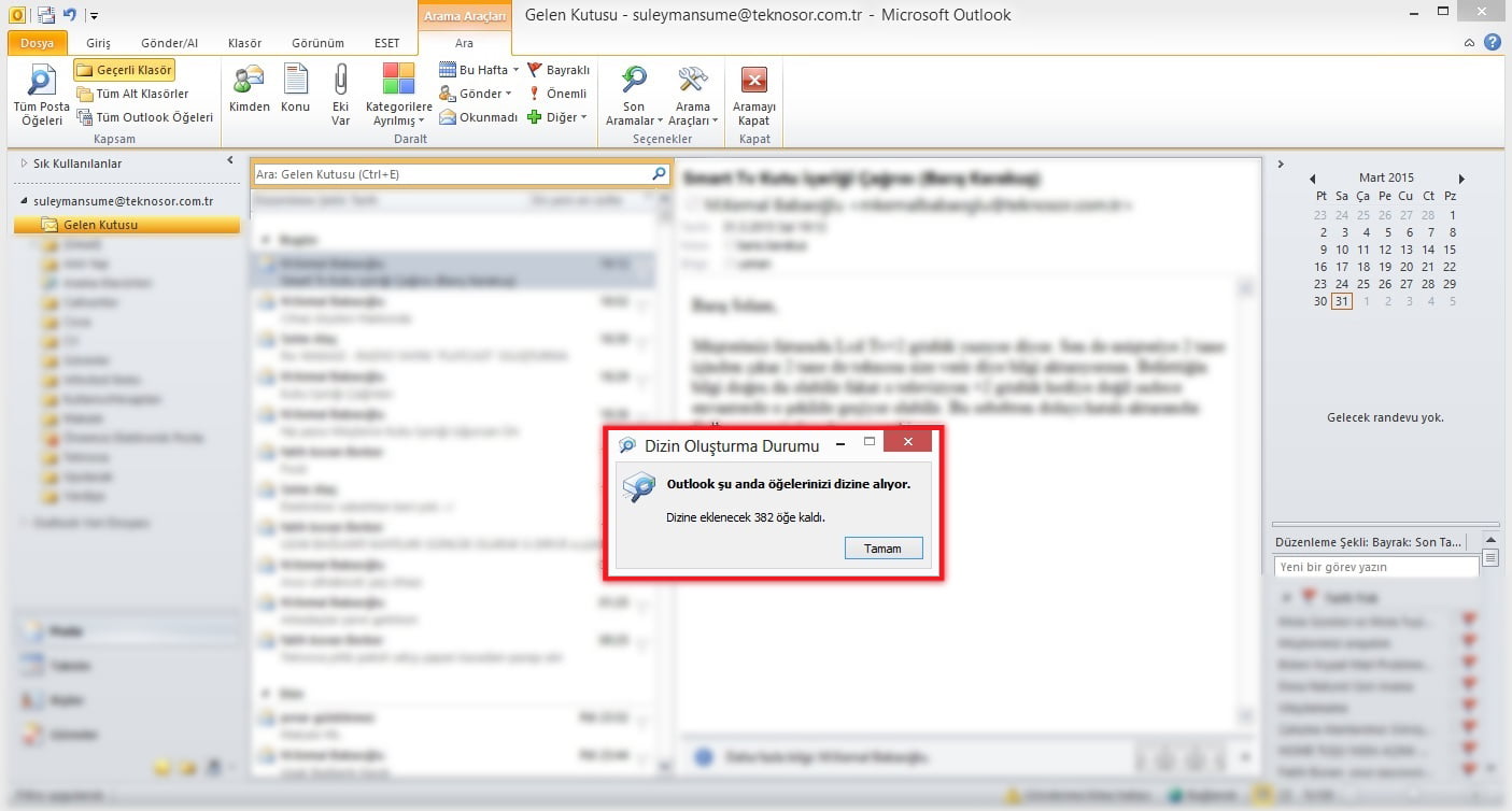 Outlook Epostalarda Arama sorunu