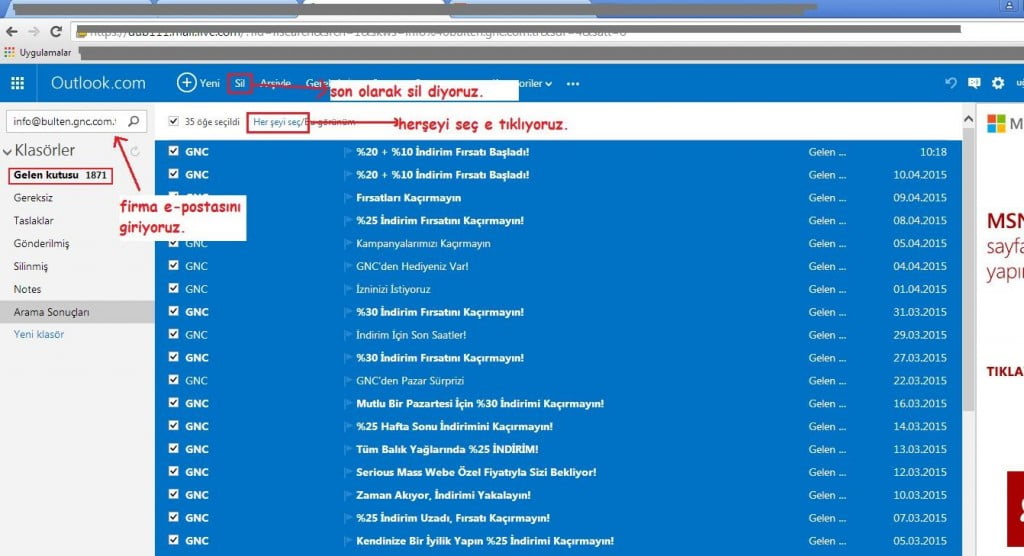 Hotmailde mailleri toplu silme