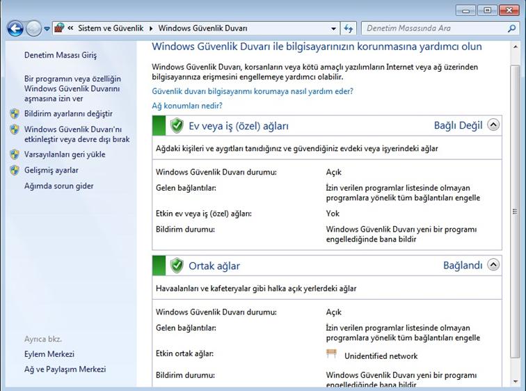 Windows 7 de Güvenlik Duvarını Açma- Kapatma wguvenlik