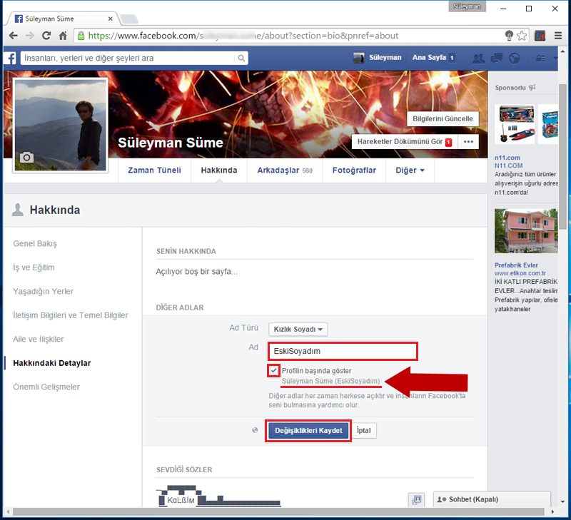 Facebook'a Evlenmeden Önceki Soy Adınızı Ekleyin FacebookKizlikSoyadiEkle.5