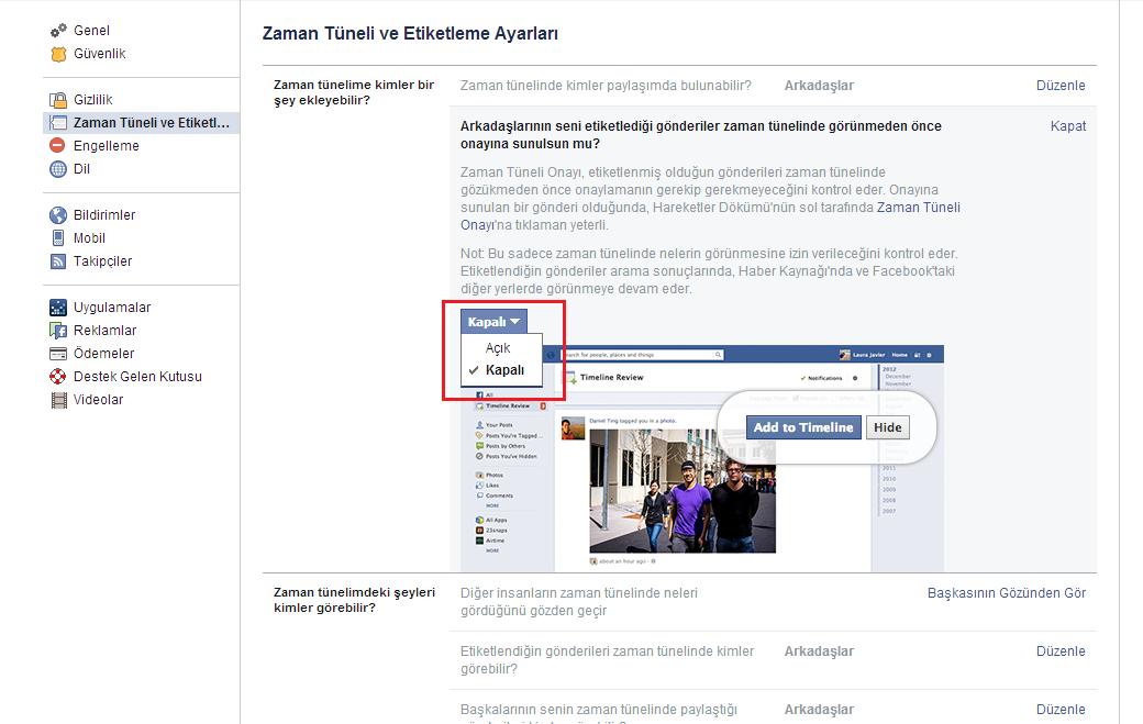 etiket3 - Facebook Zaman Tüneli ve Etiketleme Ayarları