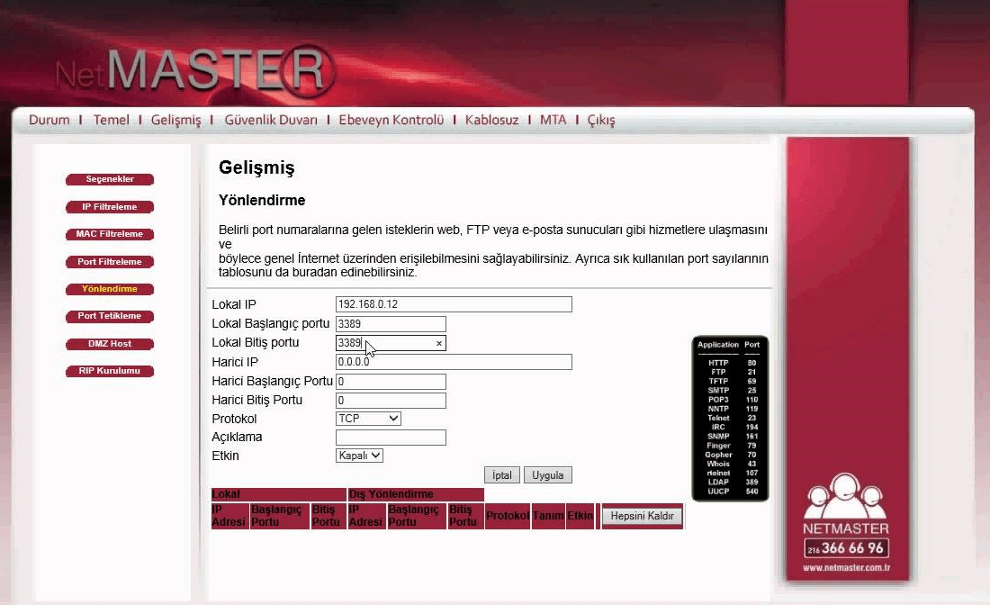 netmaster3 - NETMASTER Modem Port Yönlendirme