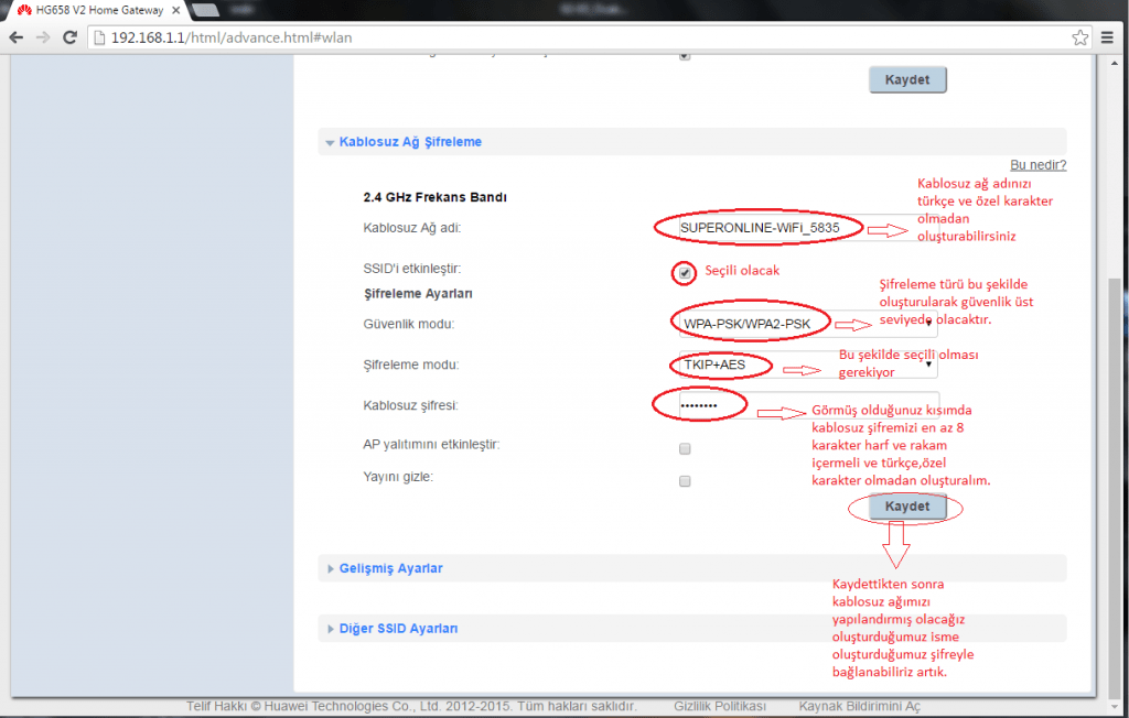 kablosuz ayarlar bölümü