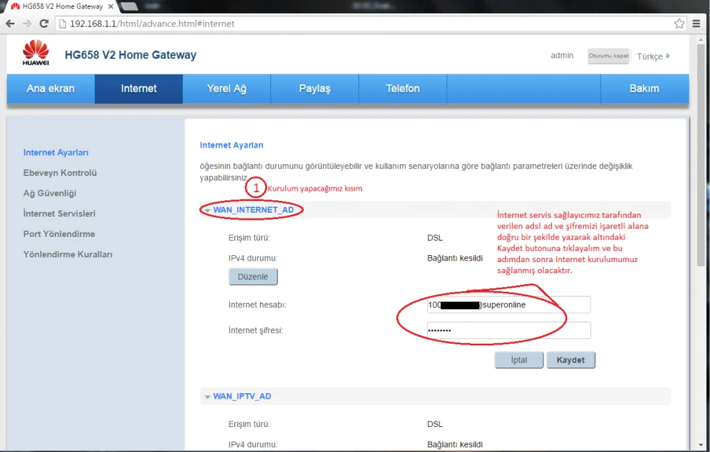adsl kurulum ekranı