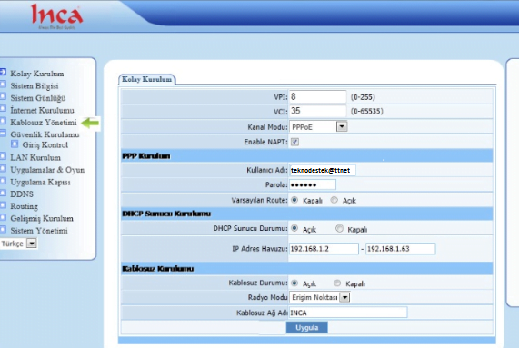 INCA IM-310NX Modem Kurulumu