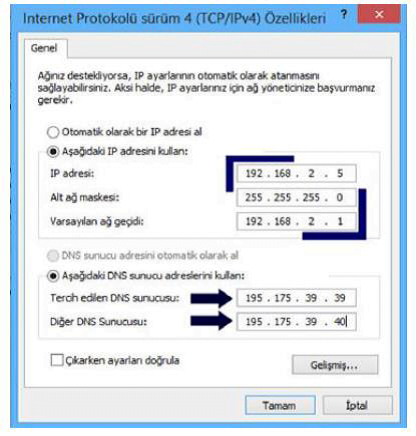 Ağ Bağlantıları ile DNS Değiştirme DNS