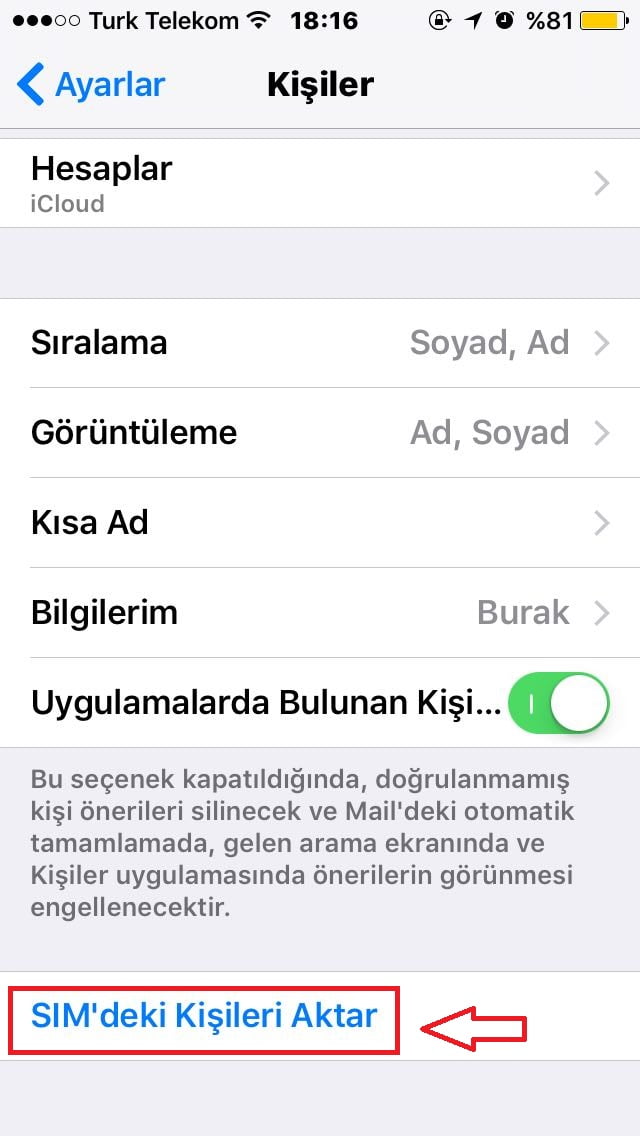 SIM Karttaki Rehberi iPhone'a Aktarma