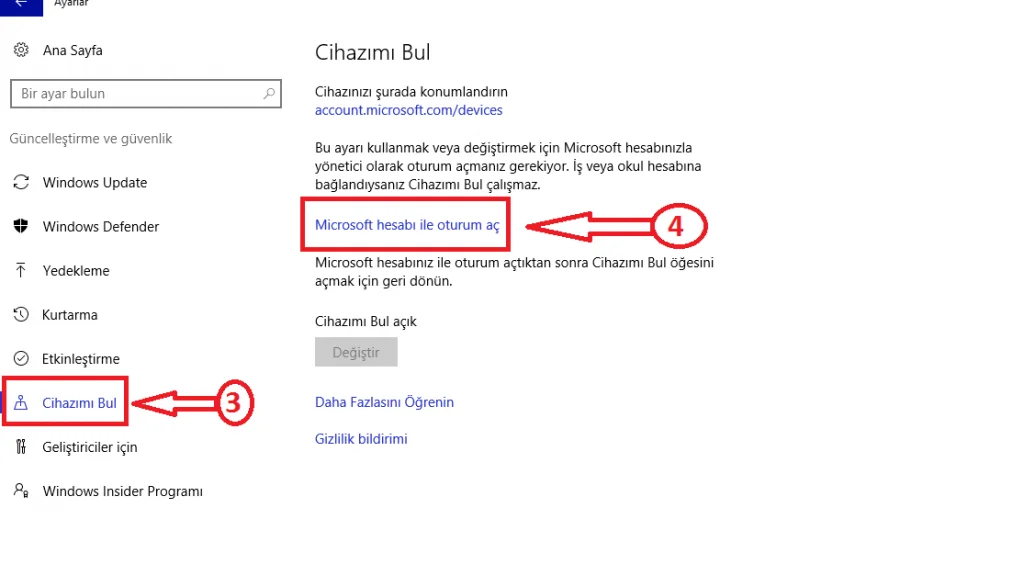 windows 10 cihazımı bul 3 - Windows 10'da Cihazımı Bul Özelliği Nasıl Aktif Edilir? (Resimli Anlatım)