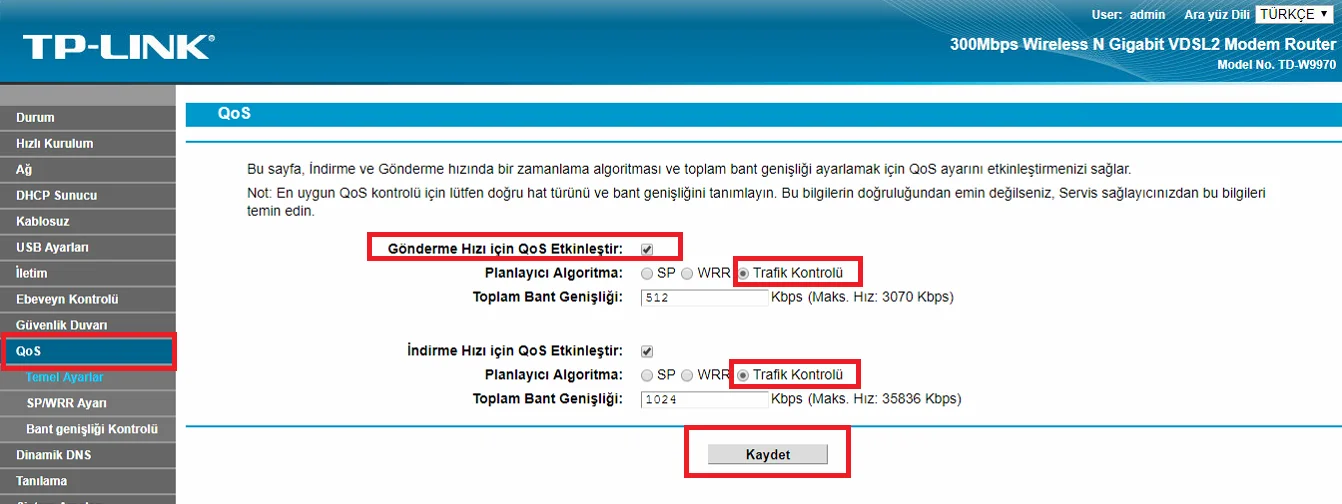 TP-LINK TD-W9970 Hız Sınırlandırma, TP-LINK TD-W9970 QoS Hız Sınırlandırma, TP-LINK TD-W9970 Band Genişliğ Sınırlandırma, TP-LINK TD-W9970 QoS Band Genişliği Kontrolü