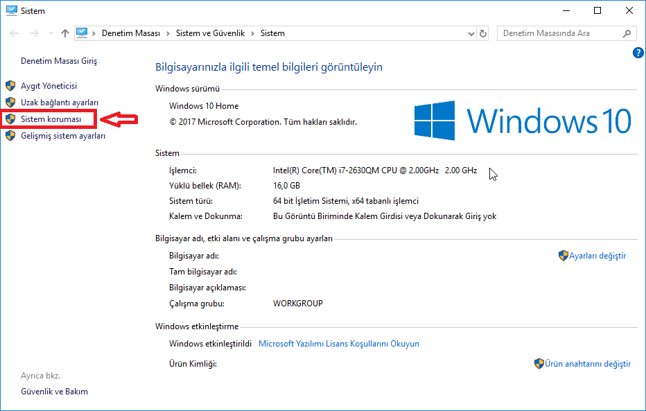 Windows 10da Sistem Geri Yükleme Noktası Oluşturma 2
