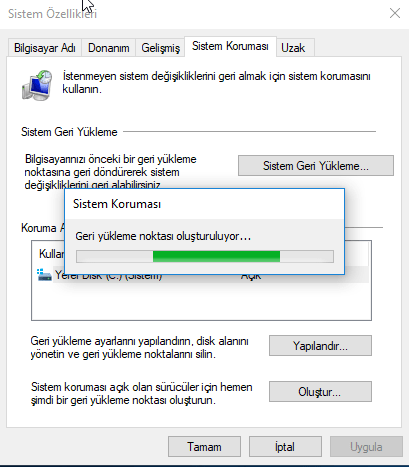 Windows 10da Sistem Geri Yükleme Noktası Oluşturma 5