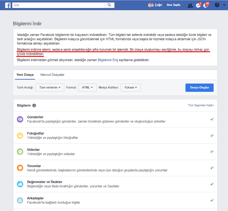 Facebook Bilgilerini İndirme 3