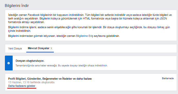Facebook Bilgilerini İndirme 5