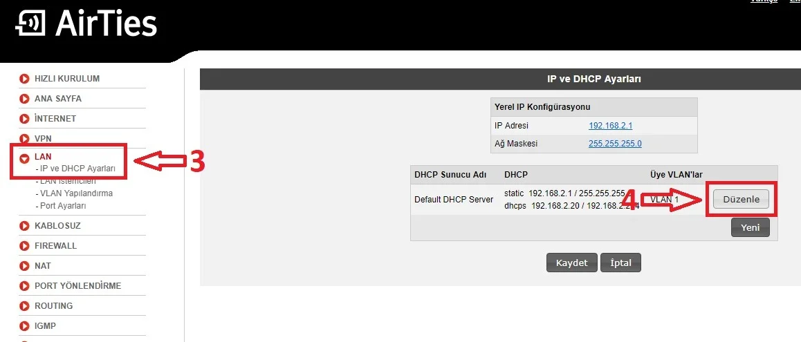 airties dhcp değiştirme 2 - AirTies Modemlerde IP Değiştirme! (Resimli Anlatım)