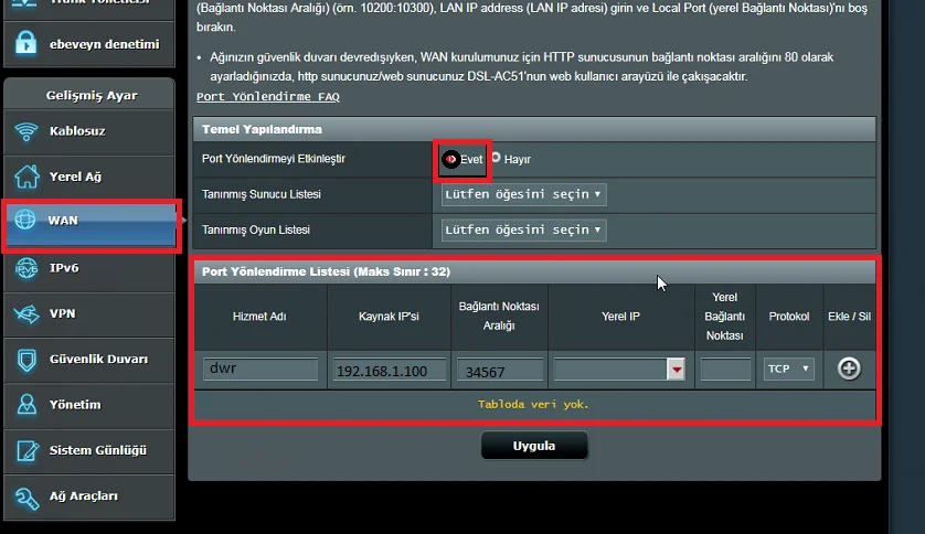 ASUS DSL AC51 Modemde Port Açma Yönlendirme 2 1 - ASUS DSL-AC51 Modemde Port Açma (Yönlendirme) (Resimli Anlatım)