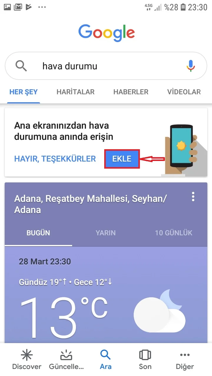 Androidde Googleın Gizli Hava Durumu Uygulamasını Ana Ekrana Nasıl Ekleme 3 - Android'de, Google'ın Gizli Hava Durumu Uygulamasını Ana Ekrana Ekleme!
