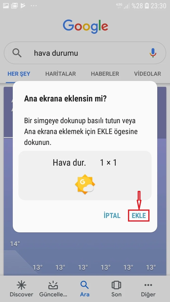 Androidde Googleın Gizli Hava Durumu Uygulamasını Ana Ekrana Nasıl Ekleme 6 - Android'de, Google'ın Gizli Hava Durumu Uygulamasını Ana Ekrana Ekleme!