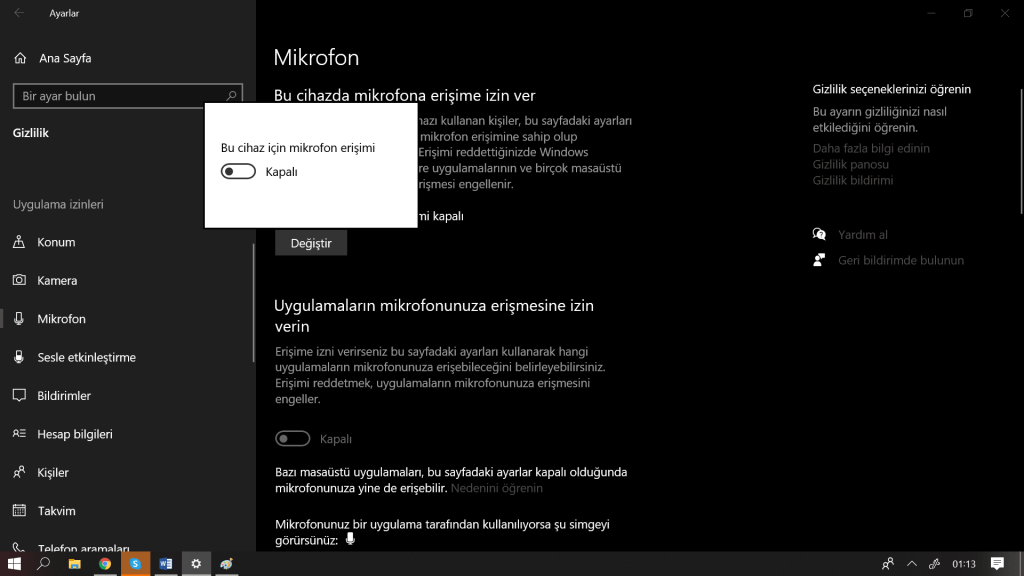 Windows 10da Mikrofon Erisimini Aktif Etme