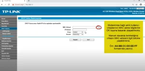 Ekran Alintisi 3 - TP-Link AC1200 VC220-G3u DHCP Yerel IP Adresi Rezervasyon Kurulumu