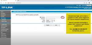TP-Link AC1200 VC220-G3u DHCP Yerel IP Adresi Rezervasyon Kurulumu Ekran Alintisi 3 - TP-Link AC1200 VC220-G3u DHCP Yerel IP Adresi Rezervasyon Kurulumu
