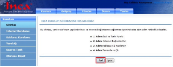 Inca IM-300NX Modem Kurulumu ve Kablosuz Ayarları İnca IM-300NX Modem Kurulumu ve Kablosuz Ayarları Adımlar