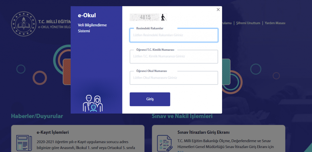 e-Okul öğrenci T.C. kimlik ve numara giriş formu