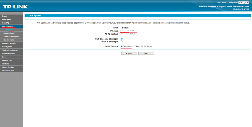 tp-link td-w9970 lan ip ayarı