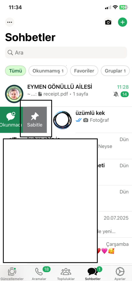 WhatsApp sohbet sabitleme