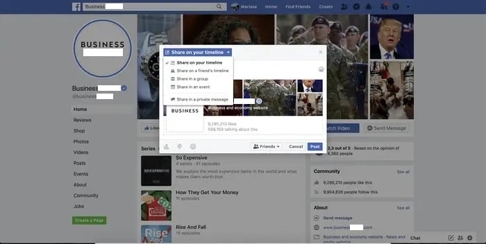 Facebook'ta Bir İşletme Sayfasını Paylaşma