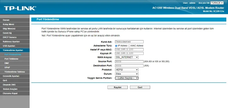 Tplink port açma 