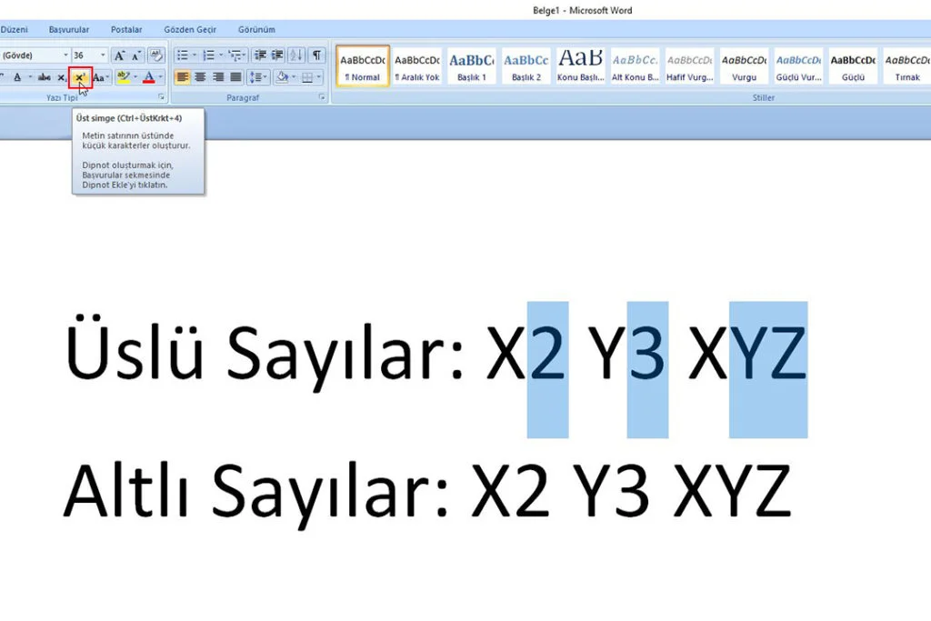 wordde uslu ve altli sayilar nasil yapilir 02 - Word'de Üslü ve Altlı sayılar nasıl yapılır?