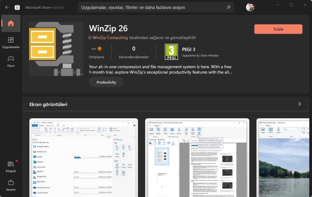 WinZip 26 Windows 11'de Mağaza'da Bulunur