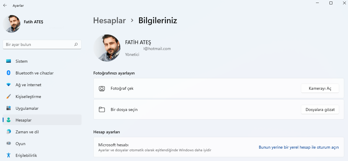 Windows 11'de Microsoft hesabından yerel hesaba nasıl geçilir