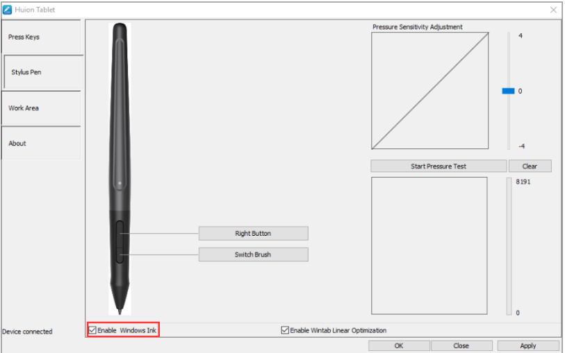 Huion yazılımındaki ayarları değiştirerek kalem basıncının tekrar çalışmasını sağlayabilirsiniz