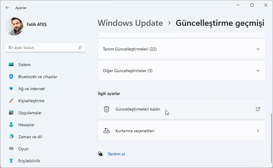 2022 05 10 09 53 20 Ayarlar - Windows 11 Sorunlu Güncellemeler Nasıl Kaldırılır