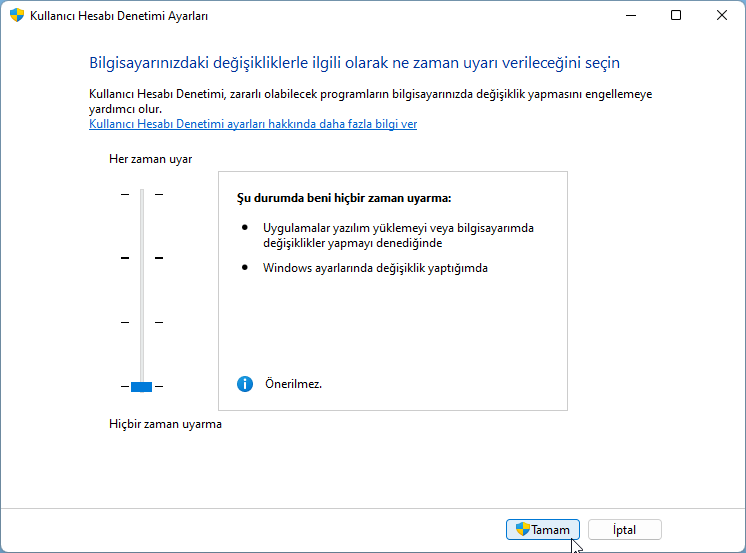 Windows 11 Kullanıcı Hesabı Denetimi Kapatma