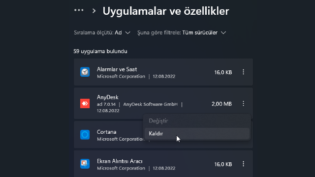 Windows 11 Uygulama Kaldırma
