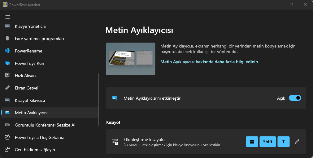 Metin Ayıklayıcıyı Etkinleştir