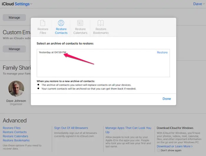 iPhone'da Rehberi iCloud'dan Geri Yükleme