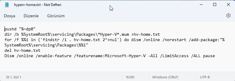 Windows 11 Home Hyper-V bat Dosyası