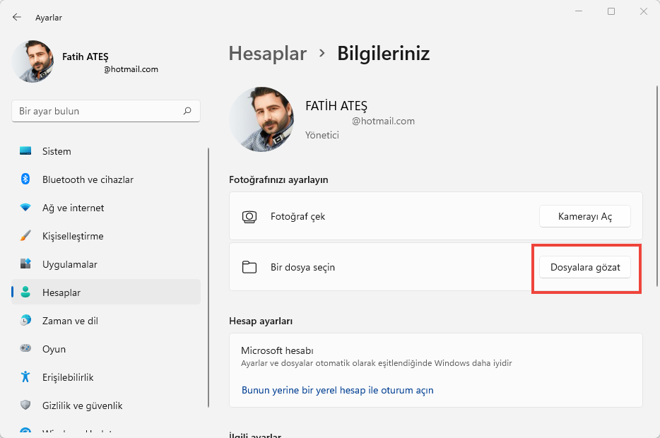 Windows 11 profil fotoğrafını değiştirme