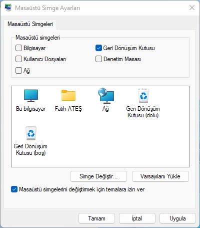 Windows 11 Masaüstü Simgeleri kaldırma