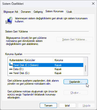Windows 11 Geri Yükleme Noktası 