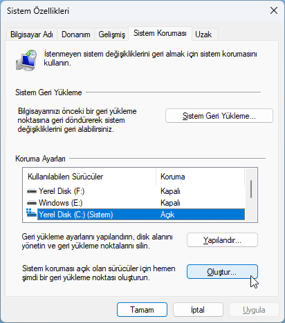 Windows 11 Sistem Geri Yükleme Noktası Oluşturma
