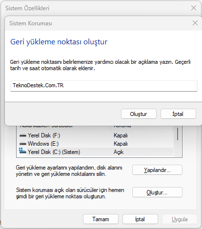 Windows 11 Sistem Geri Noktası Oluşturma