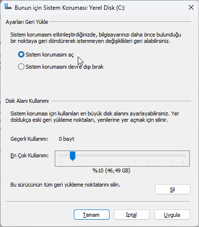 Windows Sistem Geri Yükleme Noktası