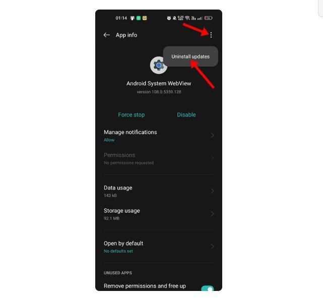 Android Sistem Web Görünümü Güncellemelerini kaldırın