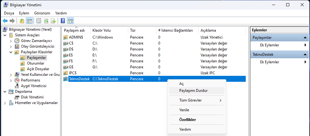 Bilgisayar Yönetimi ile Windows 11 klasör paylaşımını durdurma